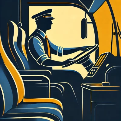DALL·E 2025-02-04 15.15.45 - A minimalist and modern illustration of a bus driver sitting in a bus. The driver is depicted in a dynamic yet simple silhouette style, using only two